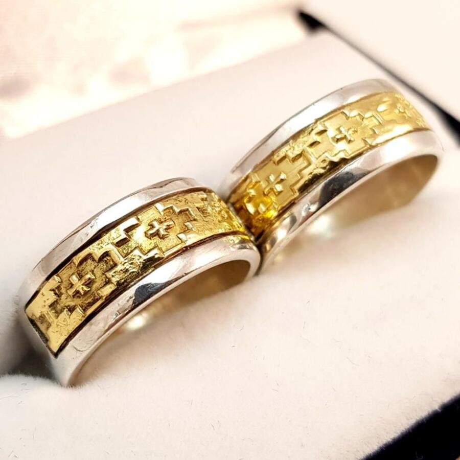 Par de alianzas en plata 925 y oro 18K - 8 mm