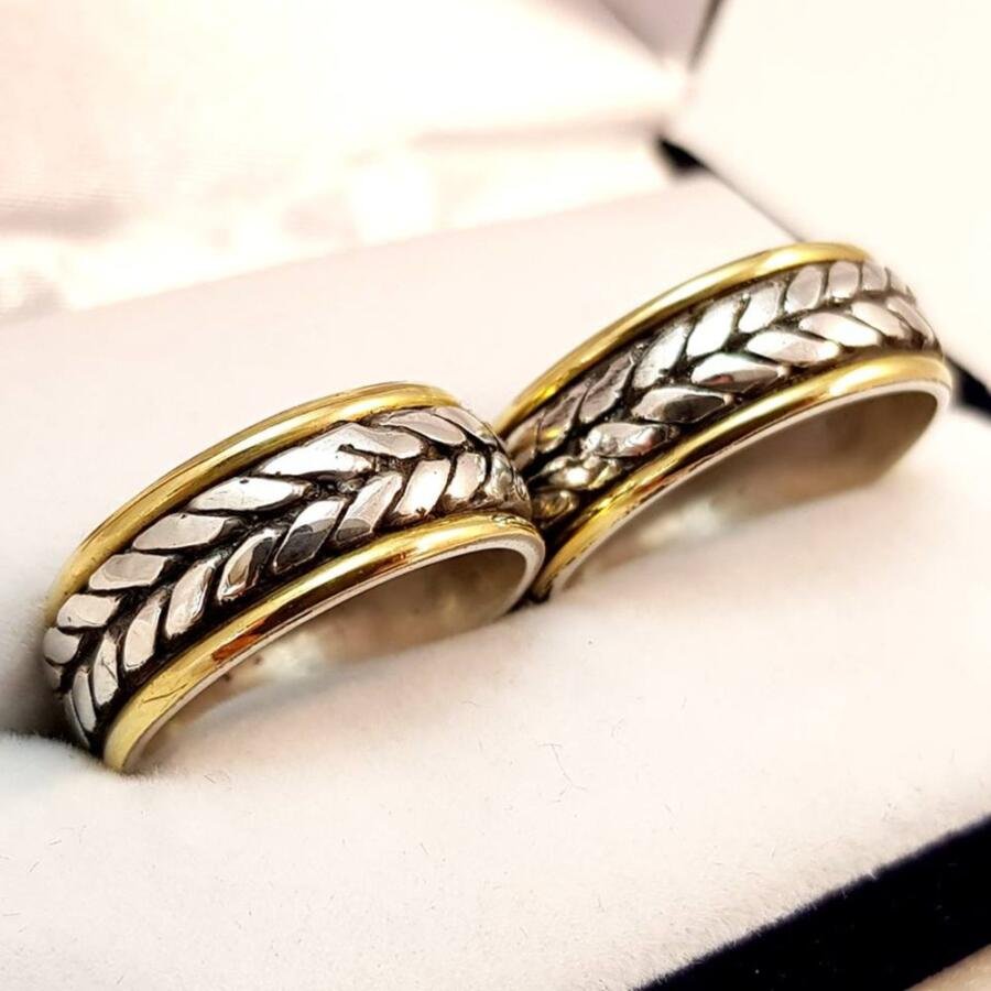 Par de alianzas en plata 925 y oro 18K - 8 mm