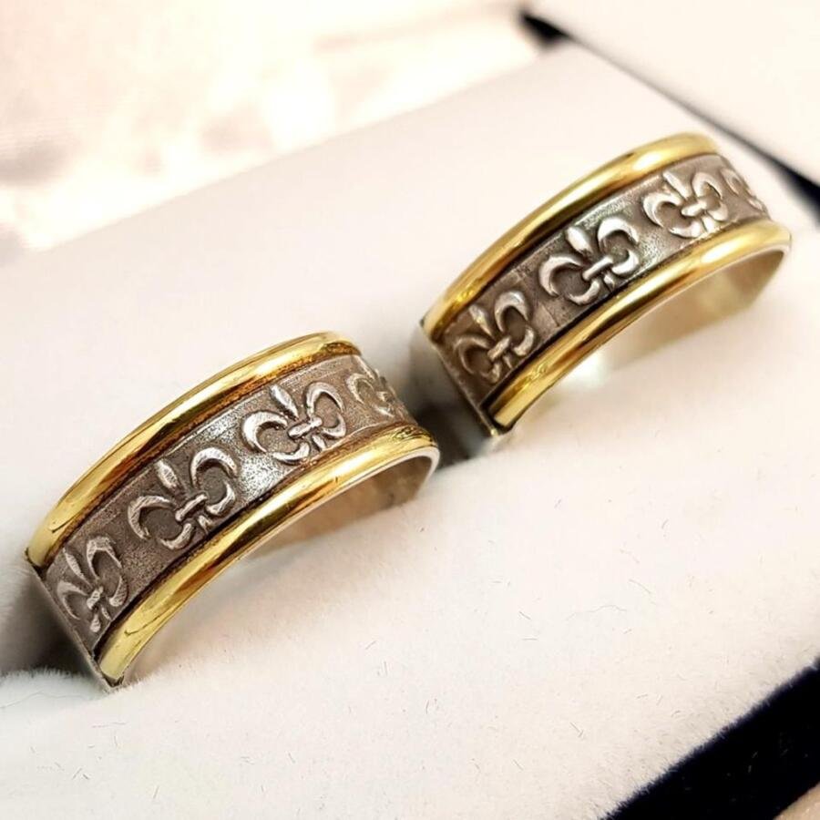 Par de alianzas en plata 925 y oro 18K - Flor de lis - 8 mm