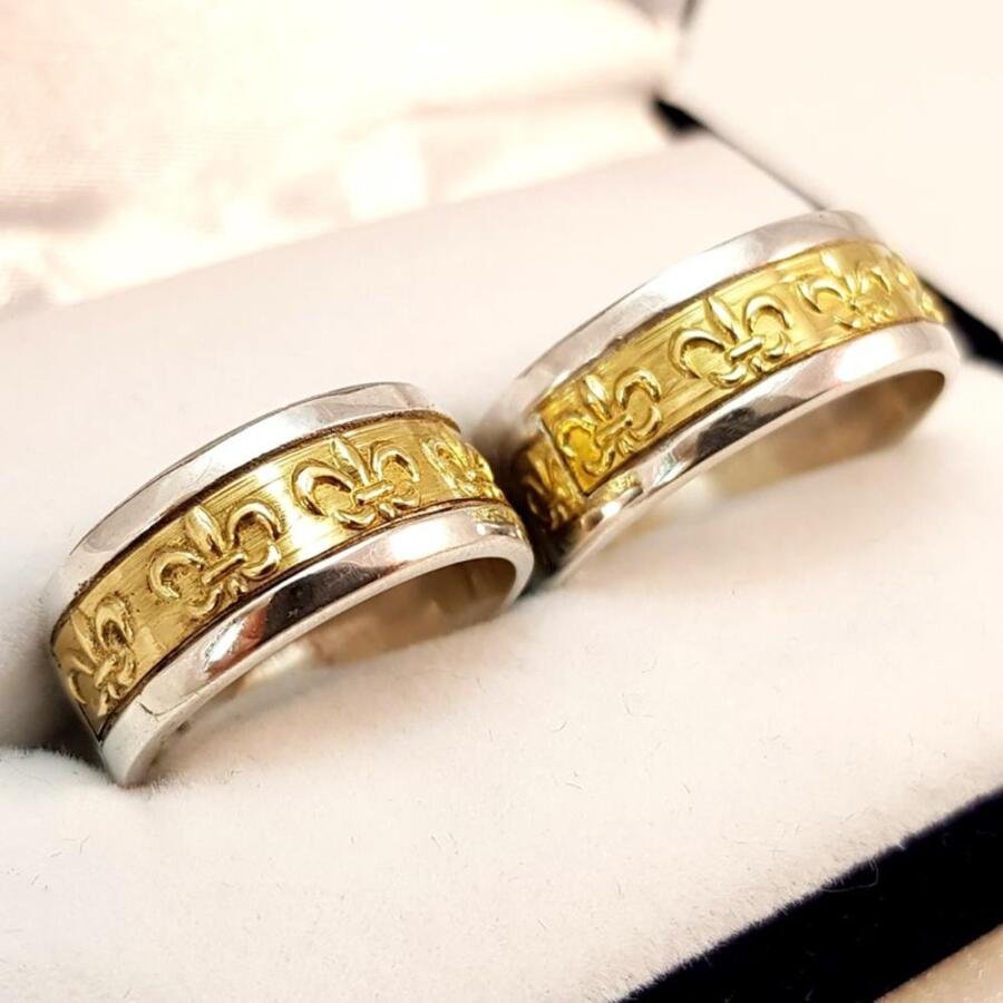 Par de alianzas en plata 925 y oro 18K - Flor de Lis - 8 mm