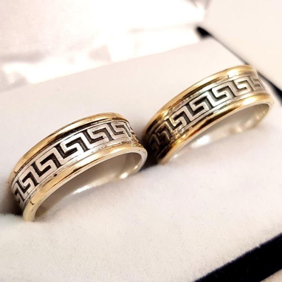 Par de alianzas en plata 925 y oro 9K - Guarda griega - 7.5 mm