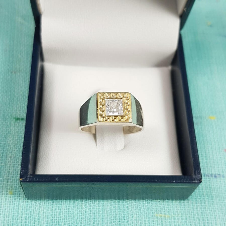 Anillo en plata y oro con zirconia - Guarda griega
