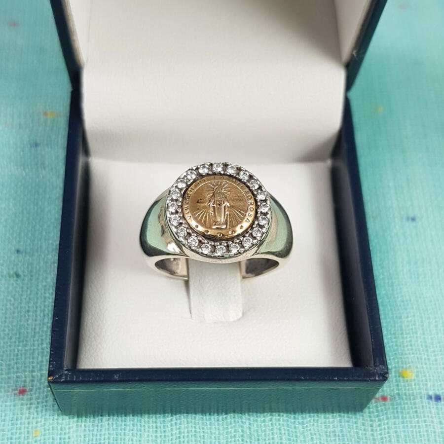Anillo en plata y oro con zirconias - Virgen milagrosa