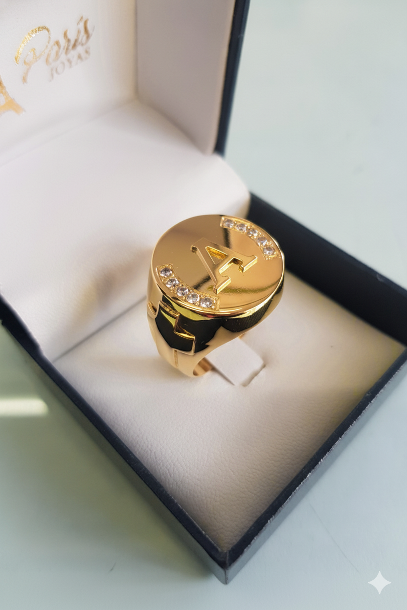 Anillo Sello con inicial - Oro con Zirconias