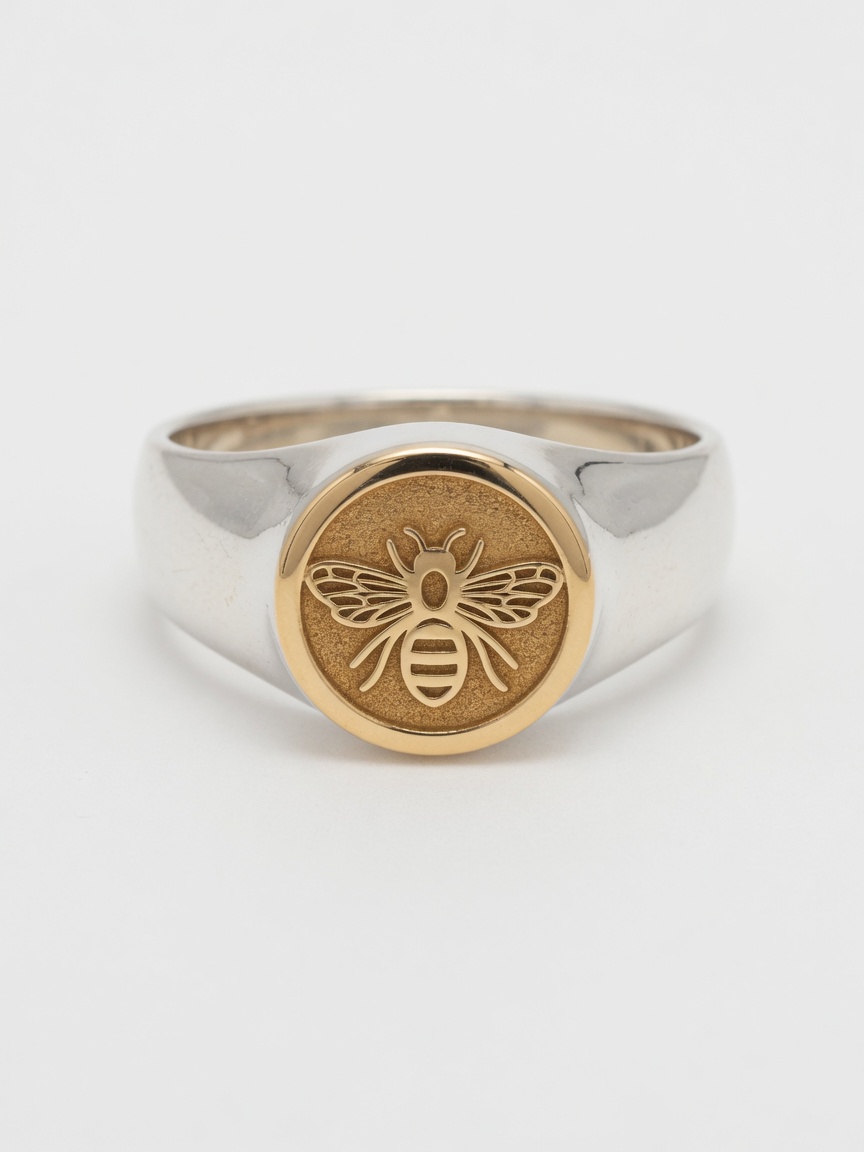 Anillo sello de maestra: banda plata y mesa completa en oro con abeja
