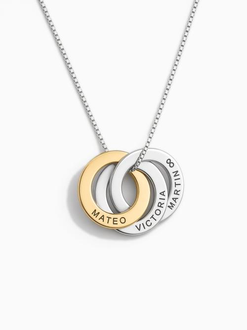 Colgante de aros rusos con nombres grabados: dos aros de plata 925 y uno de oro, con cadena veneciana de plata
