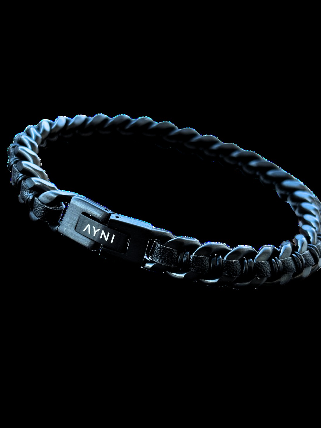 Pulsera AYNI de cuero y acero con cadena barbada negra