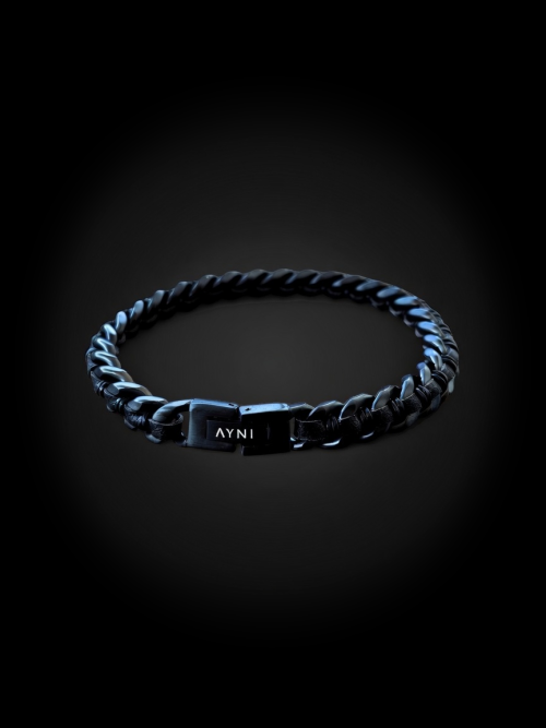 Pulsera AYNI de cuero y acero con cadena barbada negra